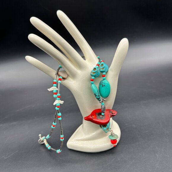 Vintage Native American Turquoise Coral Necklace Fetish Birds Skulls Chunky Bead - Picture 1 of 10